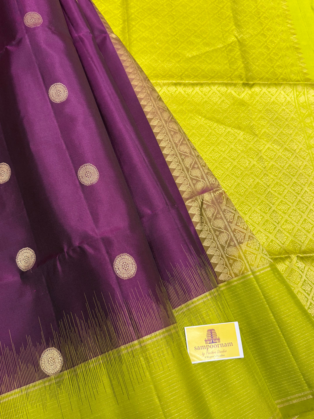 Brinjal Purple with Lemon Green, Rich Coin Zari Butta in The Body Pure Soft Silk Saree