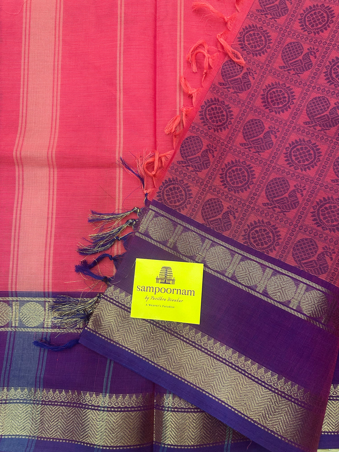 Pink with Magenta  , Annam and Chakram thread butta in the body  , rettapet border and Pallu Chettinad Cotton Saree