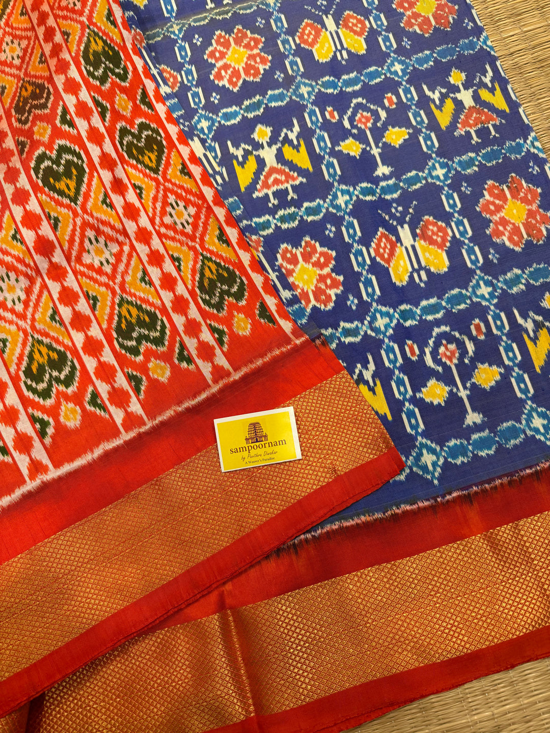 Blue with Orange , traditional borders and rich Pallu Pochampally Ikkat Silk Saree