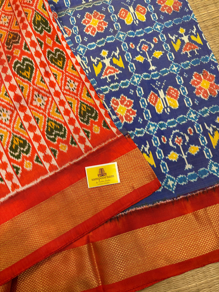 Blue with Orange , traditional borders and rich Pallu Pochampally Ikkat Silk Saree