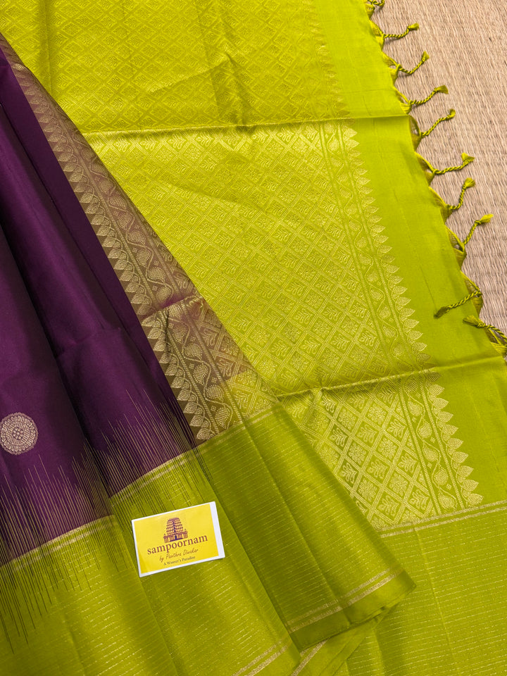 Brinjal Purple with Lemon Green, Rich Coin Zari Butta in The Body Pure Soft Silk Saree