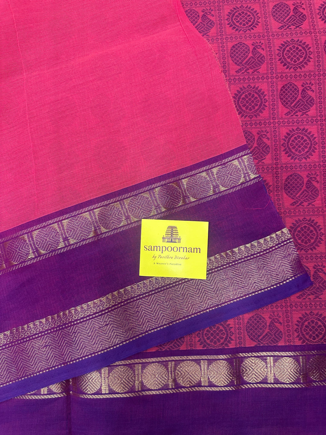 Pink with Magenta  , Annam and Chakram thread butta in the body  , rettapet border and Pallu Chettinad Cotton Saree