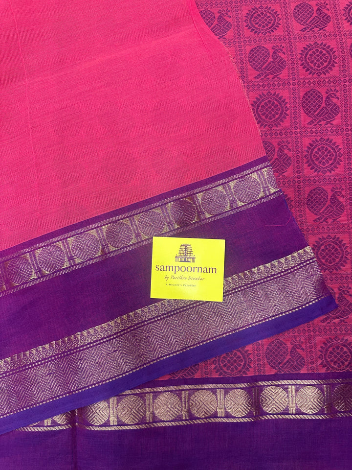 Pink with Magenta  , Annam and Chakram thread butta in the body  , rettapet border and Pallu Chettinad Cotton Saree