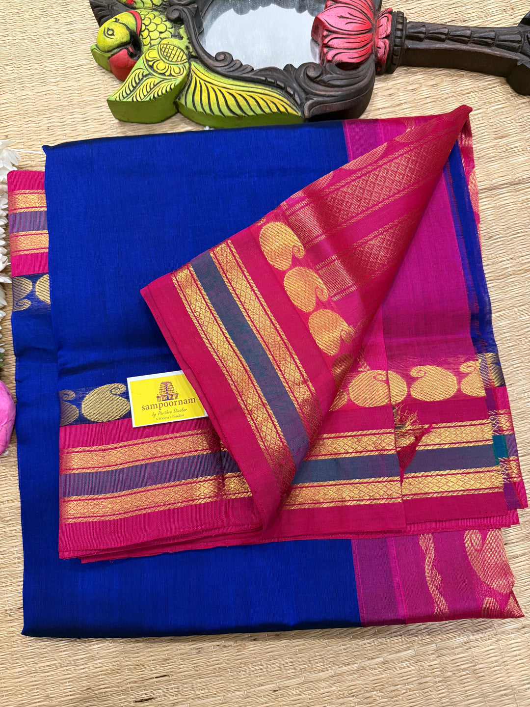 Blue with Magenta ,traditional Borders and Rich Pallu Korvai Silk Cotton Saree