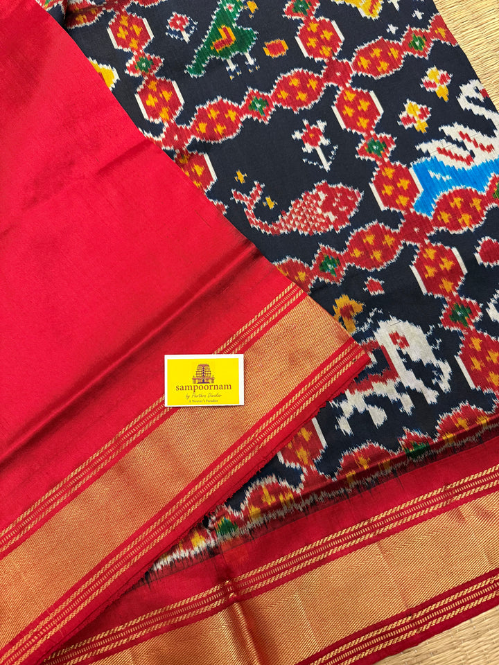Blue with Red , Kanchi border and rich Pallu Pochampally Ikkat Silk Saree