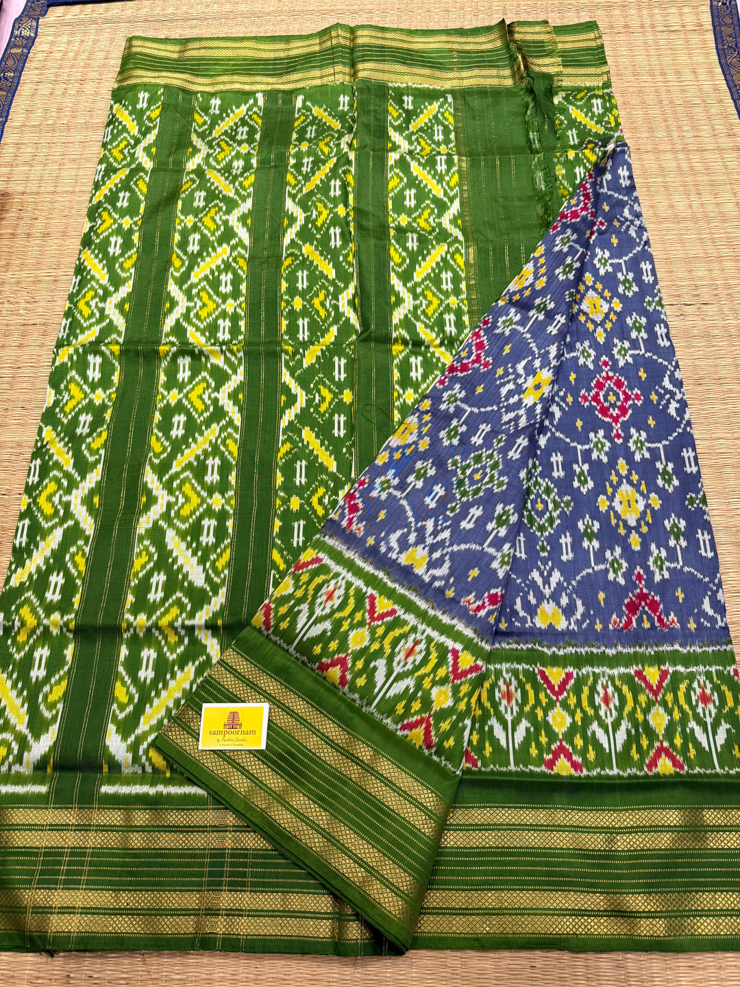 Grey with Green , rich Kanchi border , work in Blouse and rich Pallu Pochampally Ikkat Silk Saree
