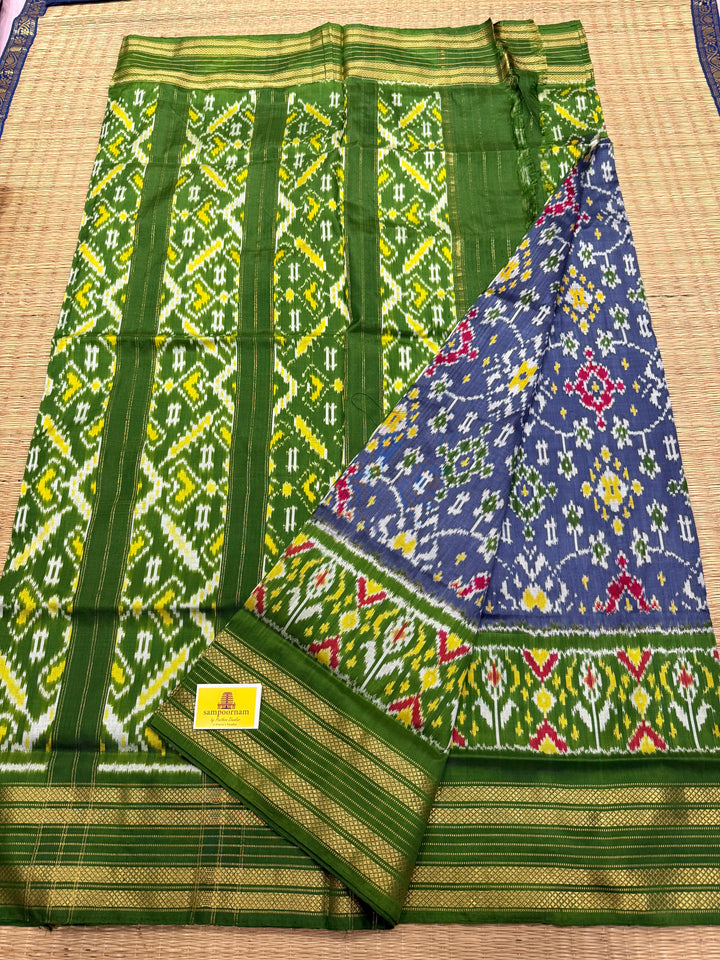Grey with Green , rich Kanchi border , work in Blouse and rich Pallu Pochampally Ikkat Silk Saree