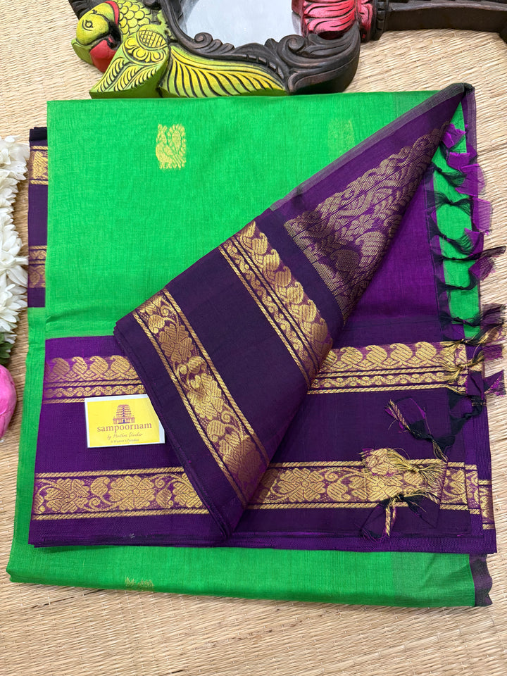 Parrot Green with Purple Rettapet Border and Zari Rich Butta in the Body ,Grand Pallu Korvai Silk Cotton Saree