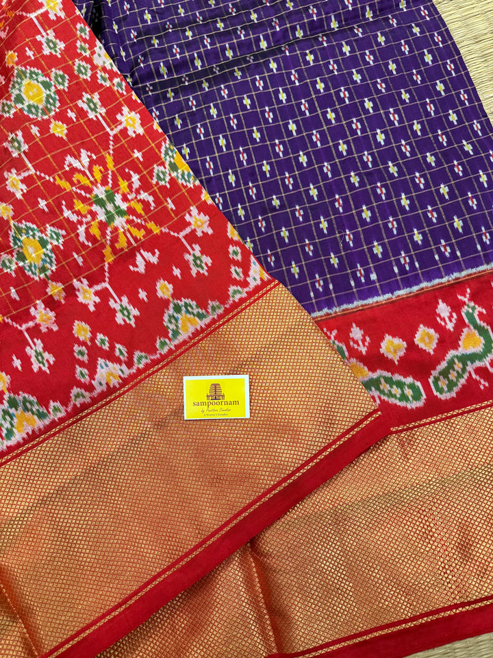 Purple with Red , rich Kanchi one side big border and grand Pallu with Blouse design Pochampally Ikkat Silk Saree