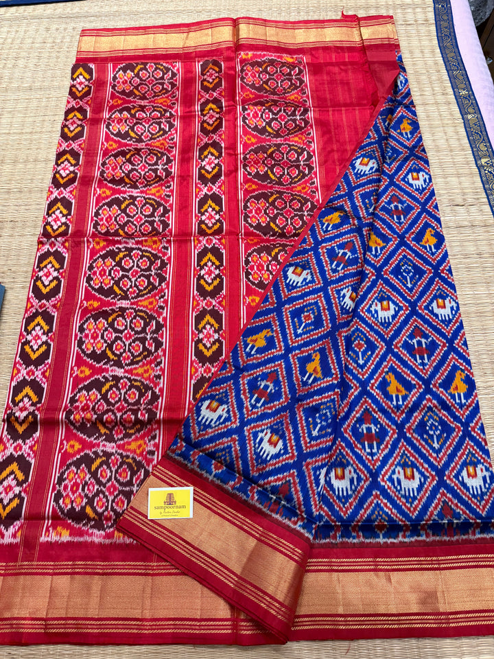Blue with Red , traditional borders and rich Pallu Pochampally Ikkat Silk Saree