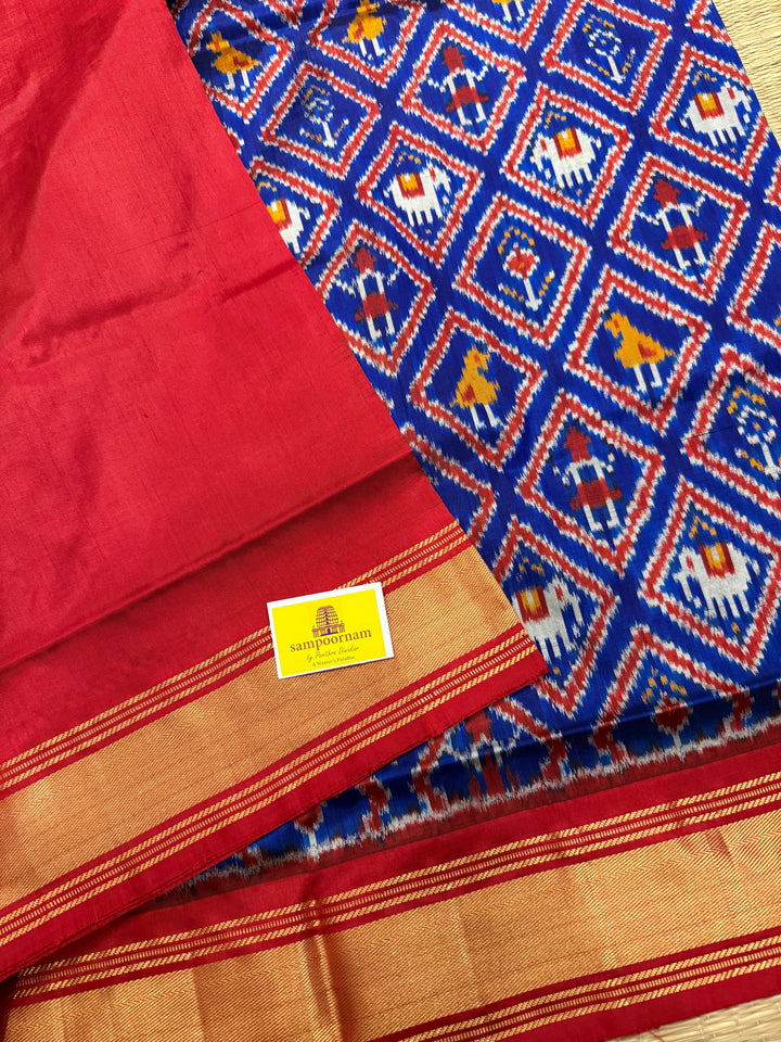 Blue with Red , traditional borders and rich Pallu Pochampally Ikkat Silk Saree
