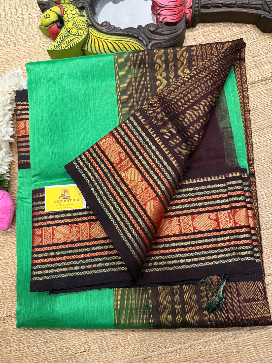 Parrot Green with Brown,Rich Kanchi Border and grand Pallu Korvai Silk Cotton Saree