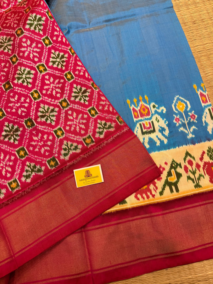 Blue with Pink and blouse design ,traditional border and rich Pallu Pochampally Ikkat Silk Saree