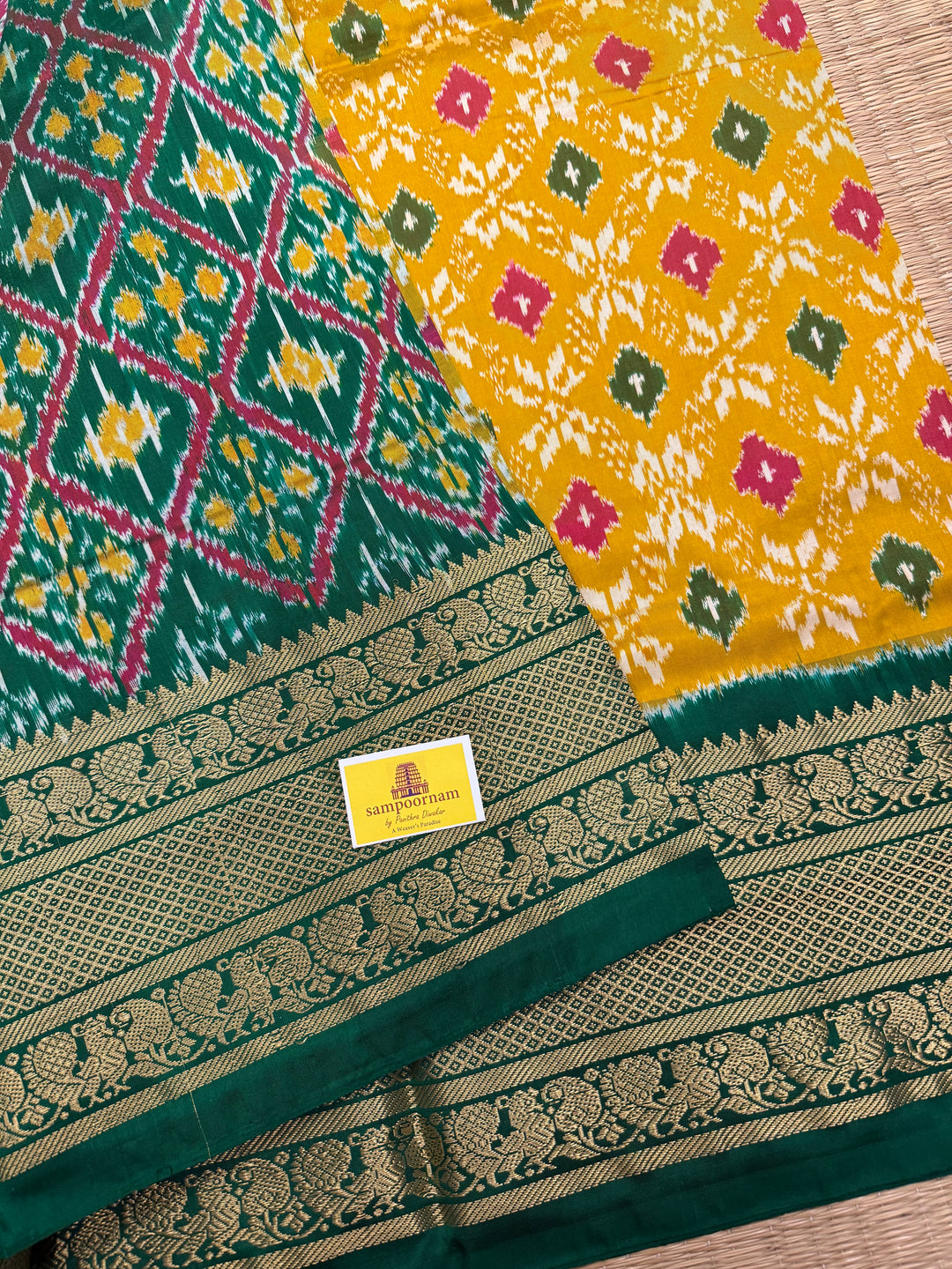Fenugreek with Green with Blouse design rich kanchi border with Grand Pallu Pochampally Ikkat Silk Saree