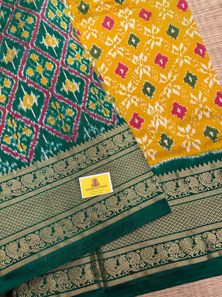 Fenugreek with Green with Blouse design rich kanchi border with Grand Pallu Pochampally Ikkat Silk Saree
