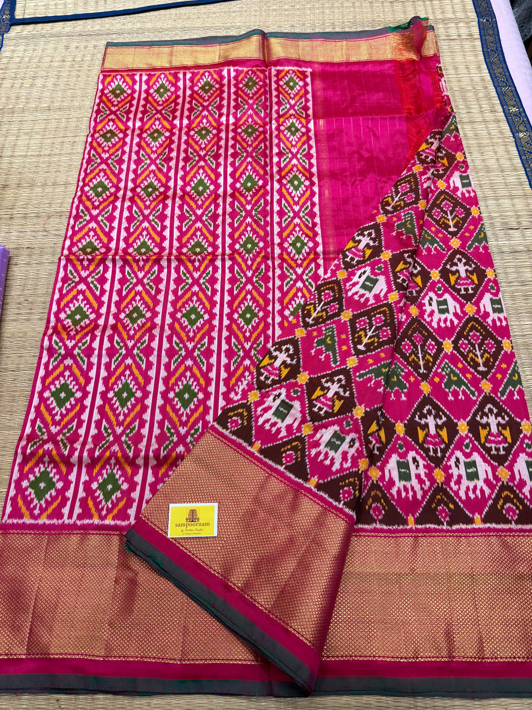 Pink with Zari border and Green selvedge , traditional border and rich Pallu , Pochampally Ikkat Silk Saree