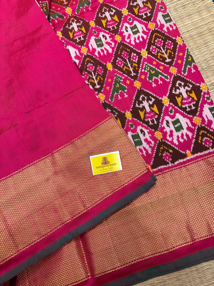 Pink with Zari border and Green selvedge , traditional border and rich Pallu , Pochampally Ikkat Silk Saree
