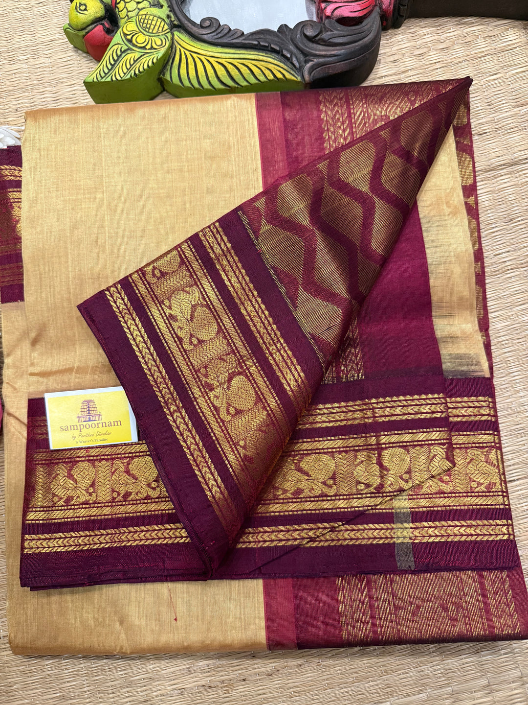 Light Gold with Dark Maroon , traditional borders and rich Pallu Korvai Silk Cotton Saree