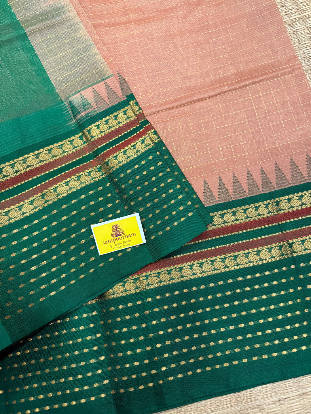 Biscuit Green ,One Side Big Border with Lakshadeepam Butta , Zari Checks in the  body and Rich Pallu Korvai Silk Cotton saree