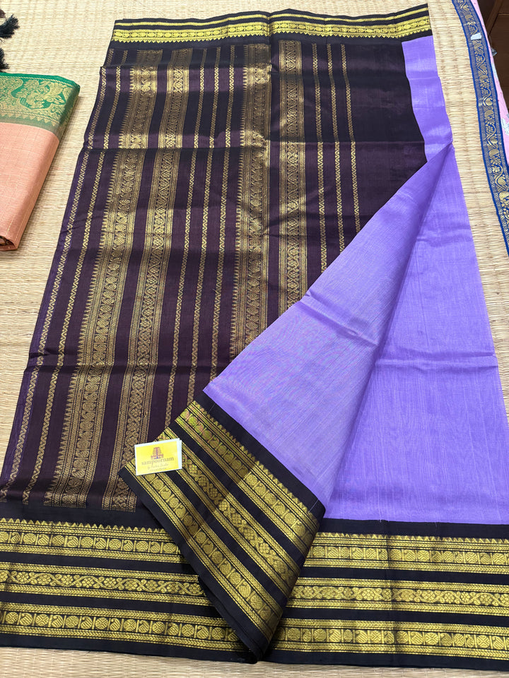 Lavender with Brown , one side big traditional border and rich Pallu Korvai Silk Cotton Saree