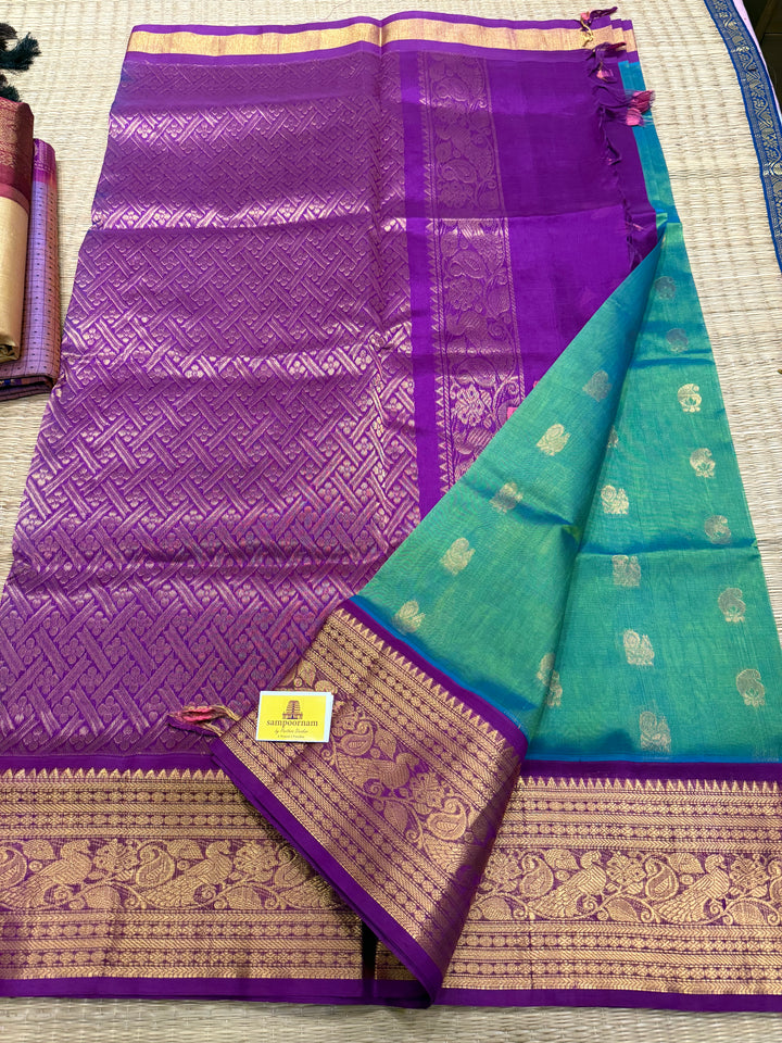 Bluish Green with Purple ,one Side Big Kanchi Border with Rich Zari Butta in the Body and Grand Pallu Korvai Silk Cotton Saree