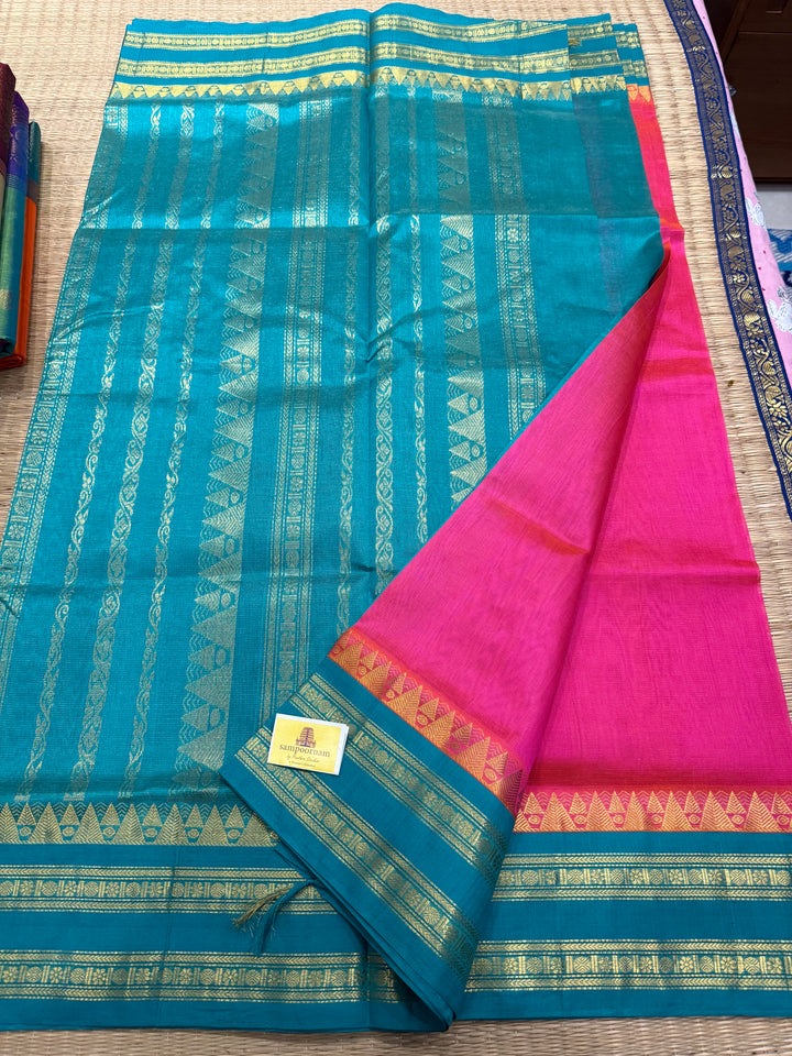 Rani Pink with Turquoise Blue Vairaoosi Zari Lines in the Body Traditional Borders and Rich Pallu Korvai Silk Cotton Saree