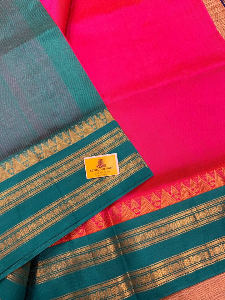 Rani Pink with Turquoise Blue Vairaoosi Zari Lines in the Body Traditional Borders and Rich Pallu Korvai Silk Cotton Saree