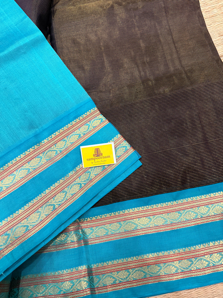 Black with Turquoise Blue ,Zari Podi Kattam in the body ,rettapet border and rich Pallu Korvai Silk Cotton Saree