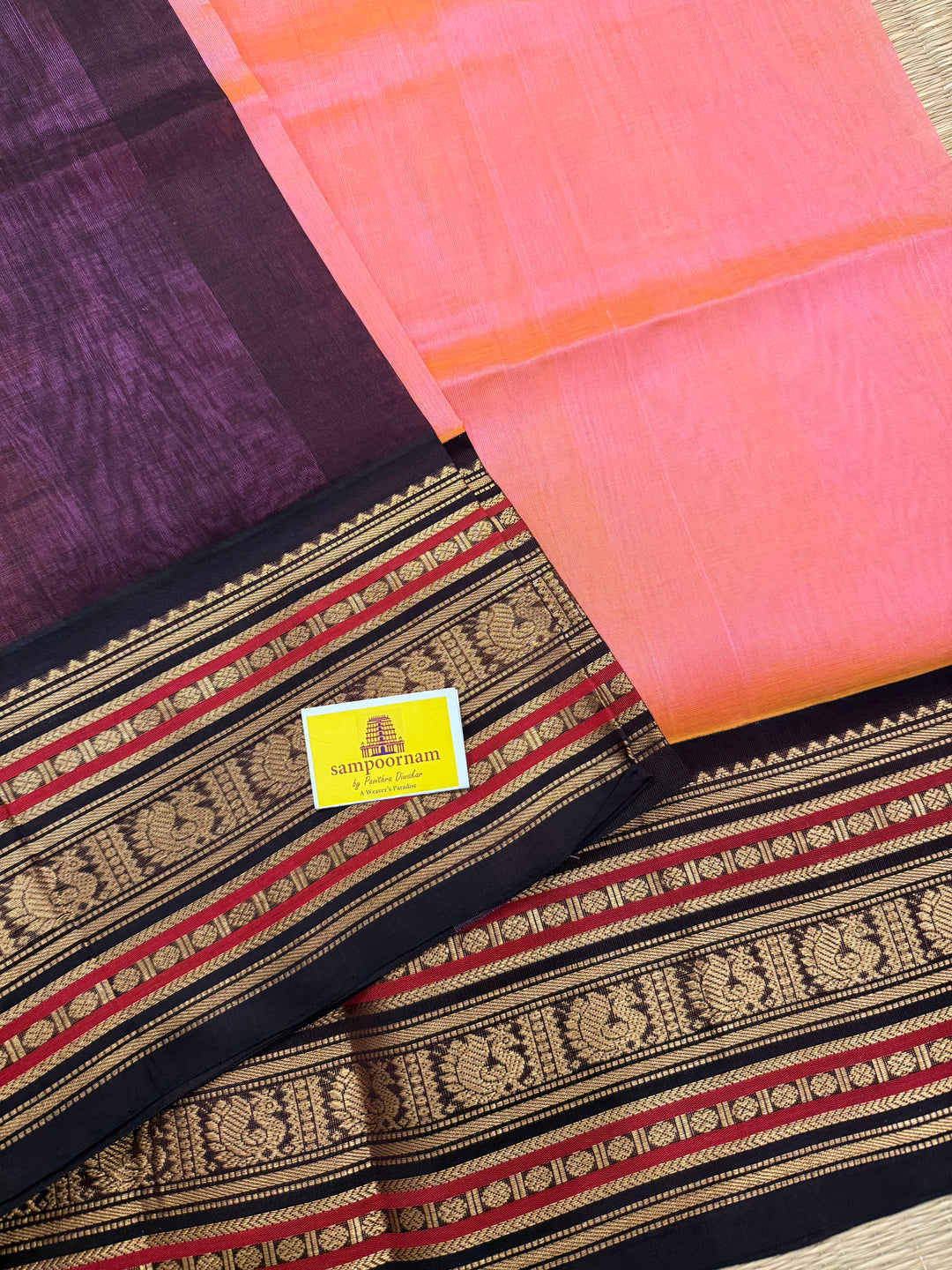 Baby Pink with Brown Rich Kanchi Borders and Traditional Grand Pallu Korvai Silk Cotton Saree