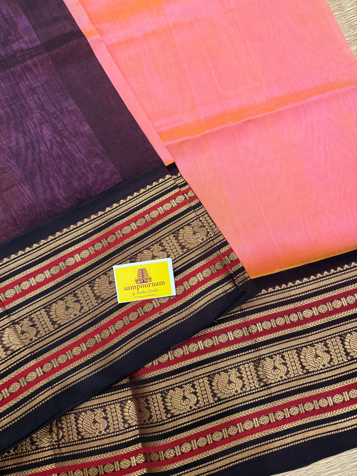 Baby Pink with Brown Rich Kanchi Borders and Traditional Grand Pallu Korvai Silk Cotton Saree