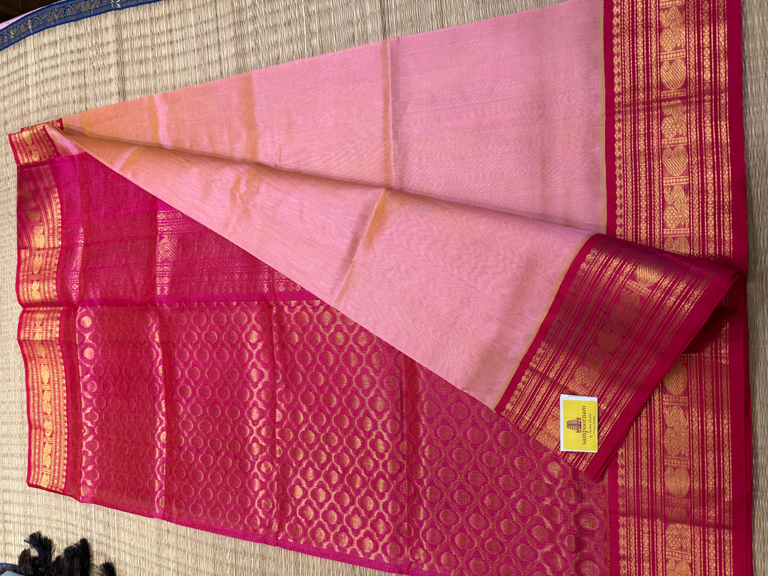 Light Pink with Dark Pink Vairaoosi Zari Lines in the Body traditional borders and rich Pallu Korvai Silk Cotton Saree