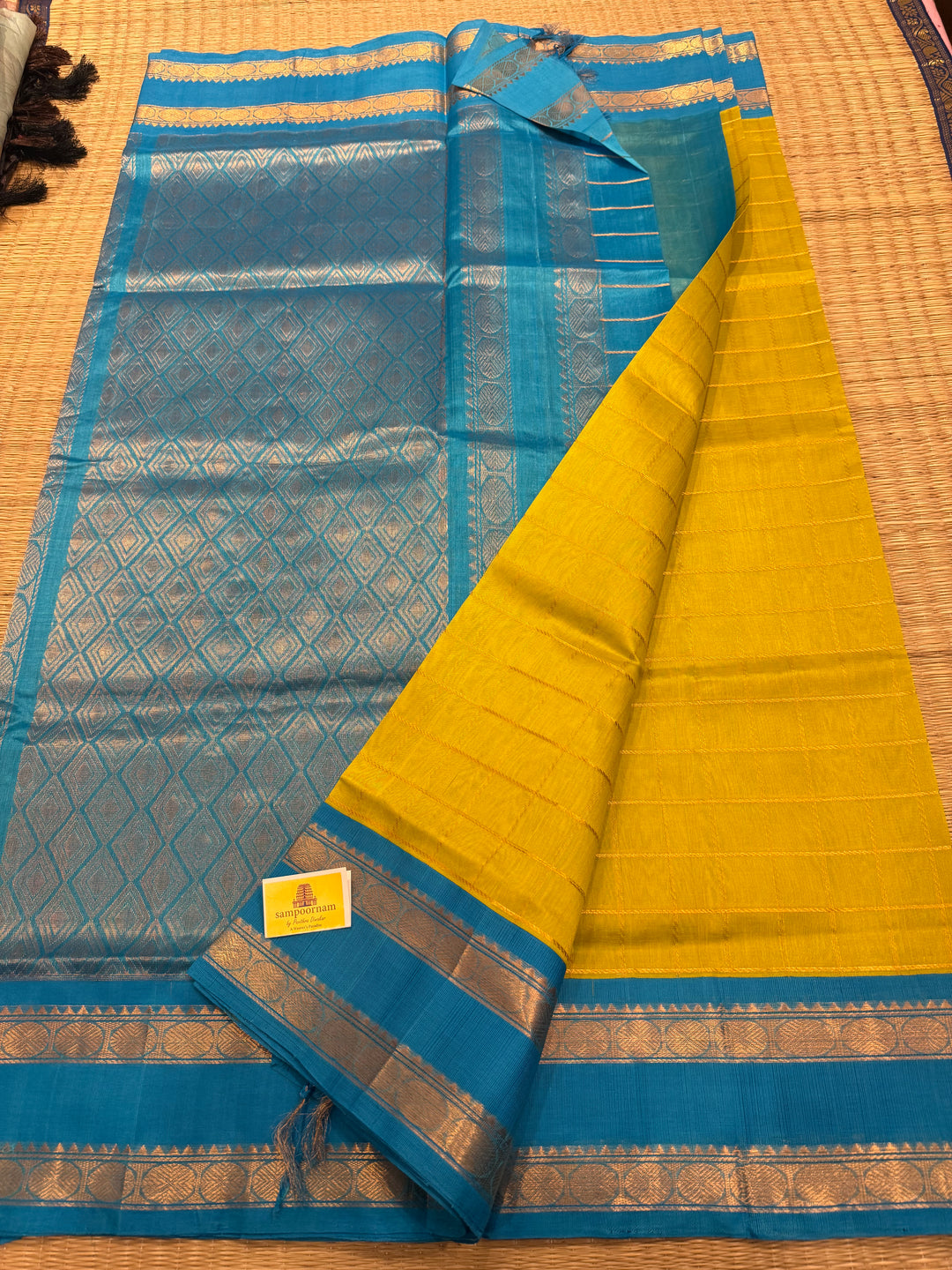 Lemon Yellow with Turquoise Blue Rich Zari Checks in the body Rettapet Borders and traditional Pallu Korvai Silk Cotton Saree