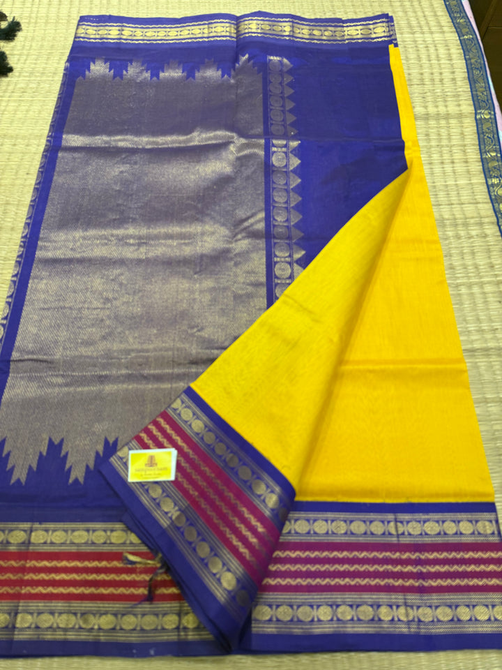 Mambazha Manjal with Blue Traditional Borders and Rich Pallu Korvai Silk Cotton Saree