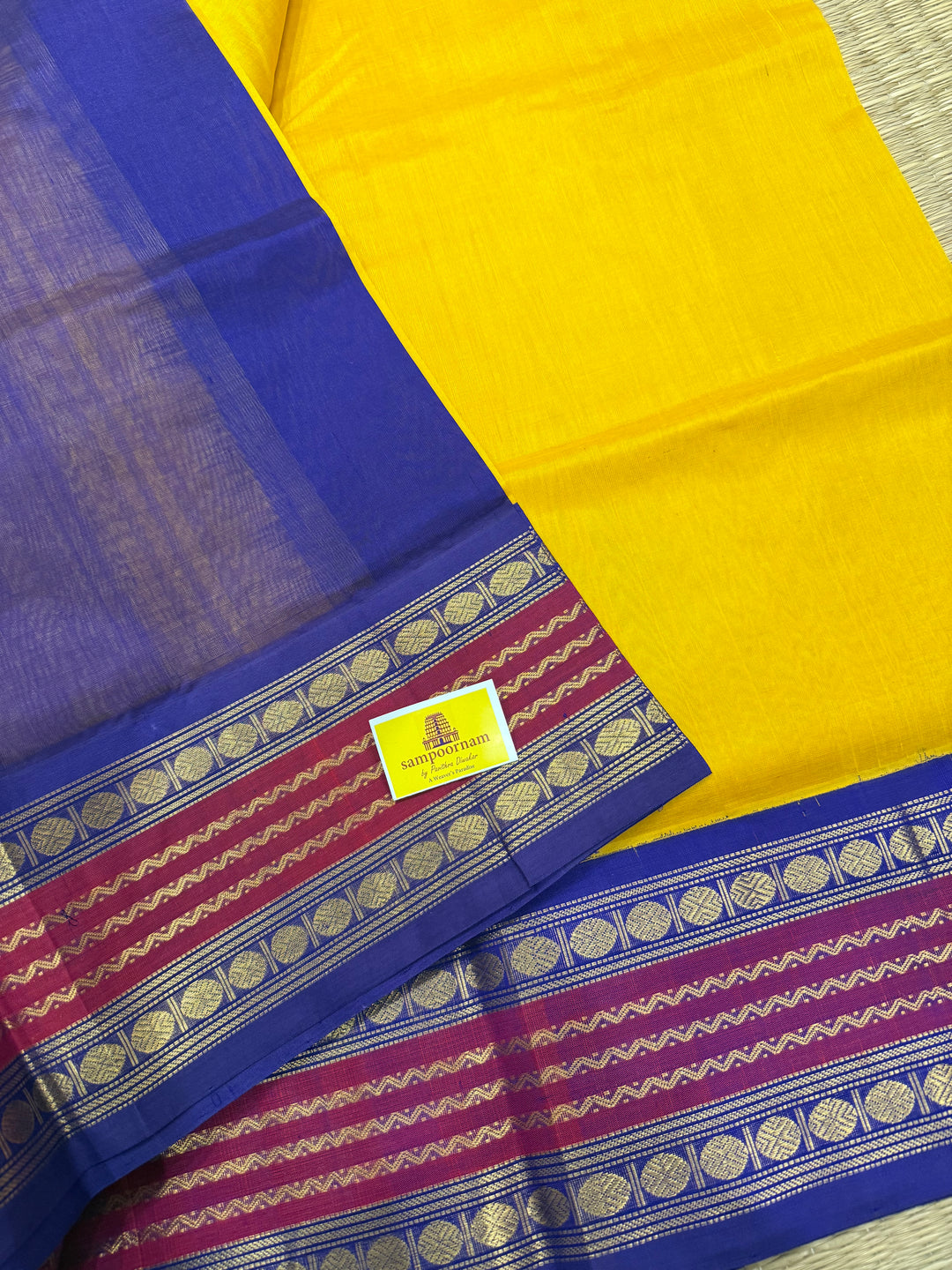 Mambazha Manjal with Blue Traditional Borders and Rich Pallu Korvai Silk Cotton Saree