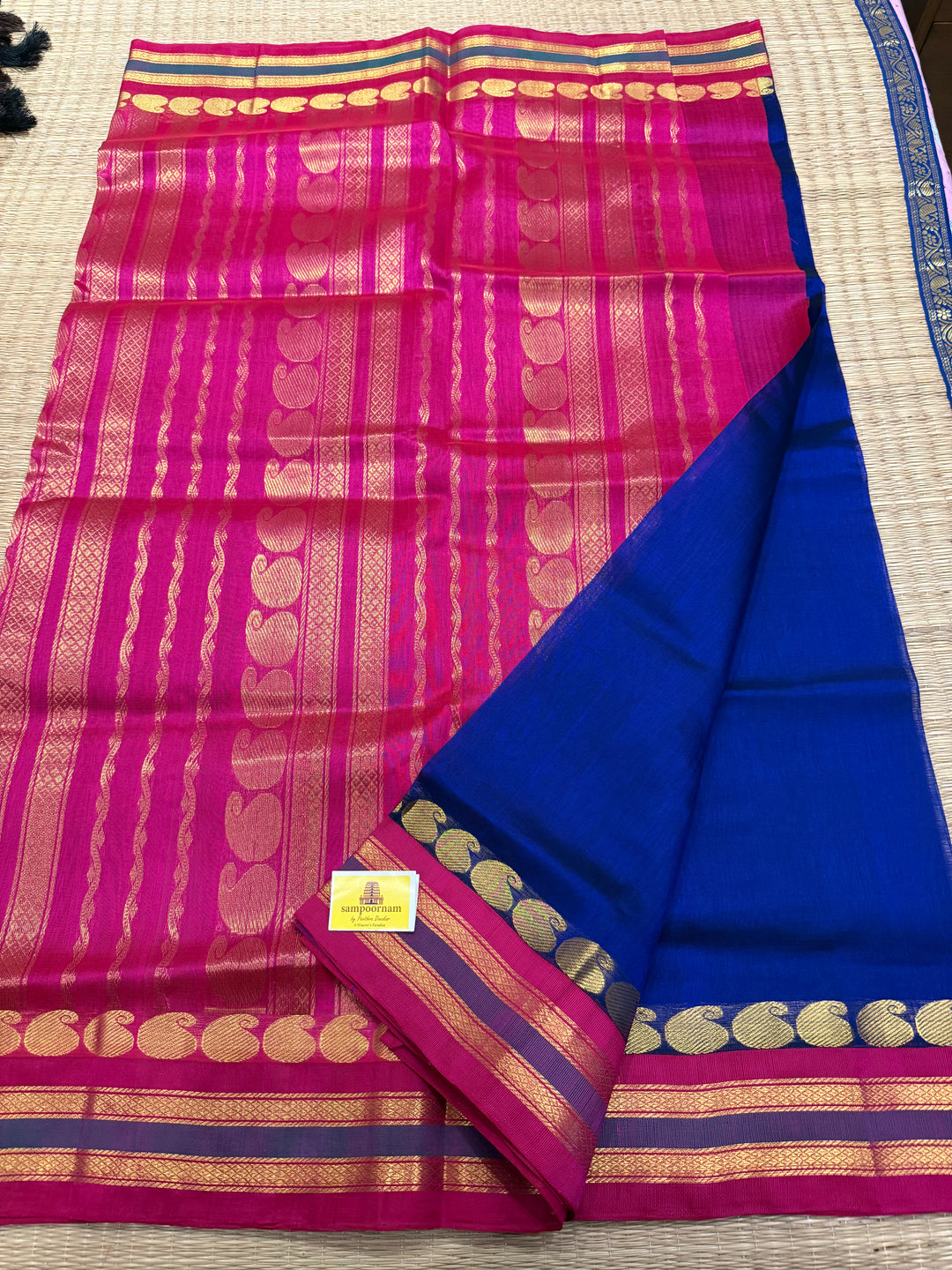 Blue with Magenta ,traditional Borders and Rich Pallu Korvai Silk Cotton Saree