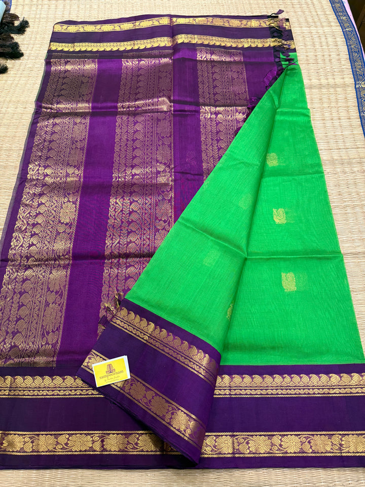 Parrot Green with Purple Rettapet Border and Zari Rich Butta in the Body ,Grand Pallu Korvai Silk Cotton Saree