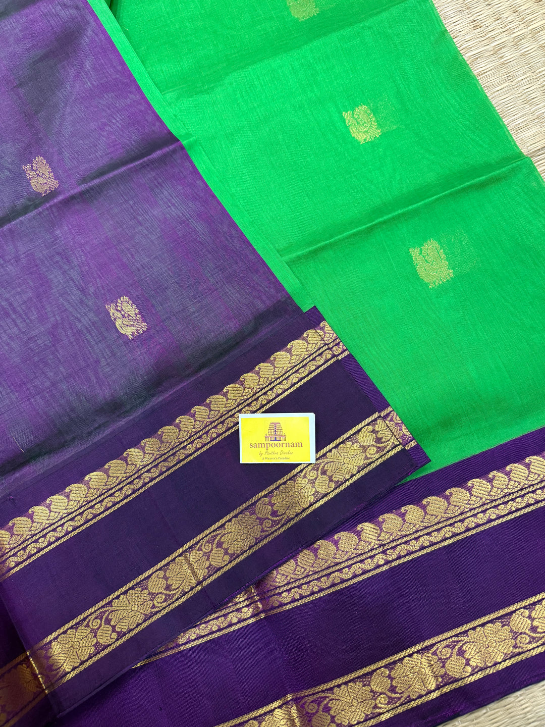 Parrot Green with Purple Rettapet Border and Zari Rich Butta in the Body ,Grand Pallu Korvai Silk Cotton Saree
