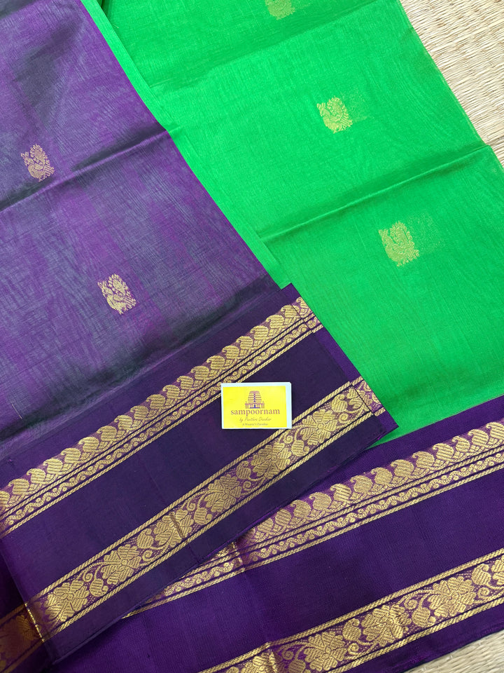 Parrot Green with Purple Rettapet Border and Zari Rich Butta in the Body ,Grand Pallu Korvai Silk Cotton Saree