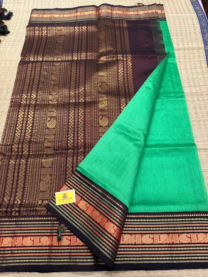 Parrot Green with Brown,Rich Kanchi Border and grand Pallu Korvai Silk Cotton Saree