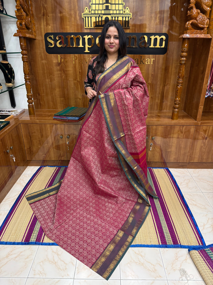 Red with Manthulir Green , Annam and Chakram thread butta in the body  , rettapet border and simple Plain Chettinad Cotton Saree