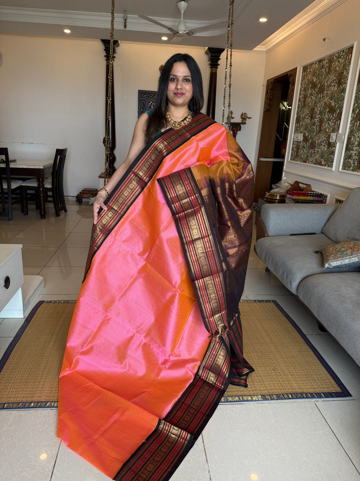 Baby Pink with Brown Rich Kanchi Borders and Traditional Grand Pallu Korvai Silk Cotton Saree