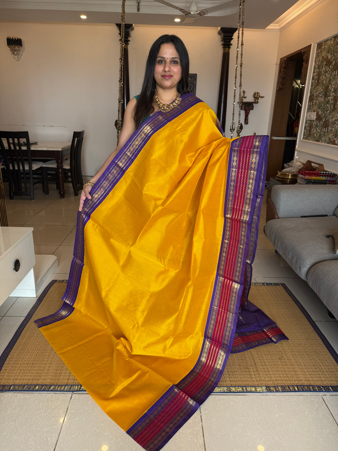 Mambazha Manjal with Blue Traditional Borders and Rich Pallu Korvai Silk Cotton Saree
