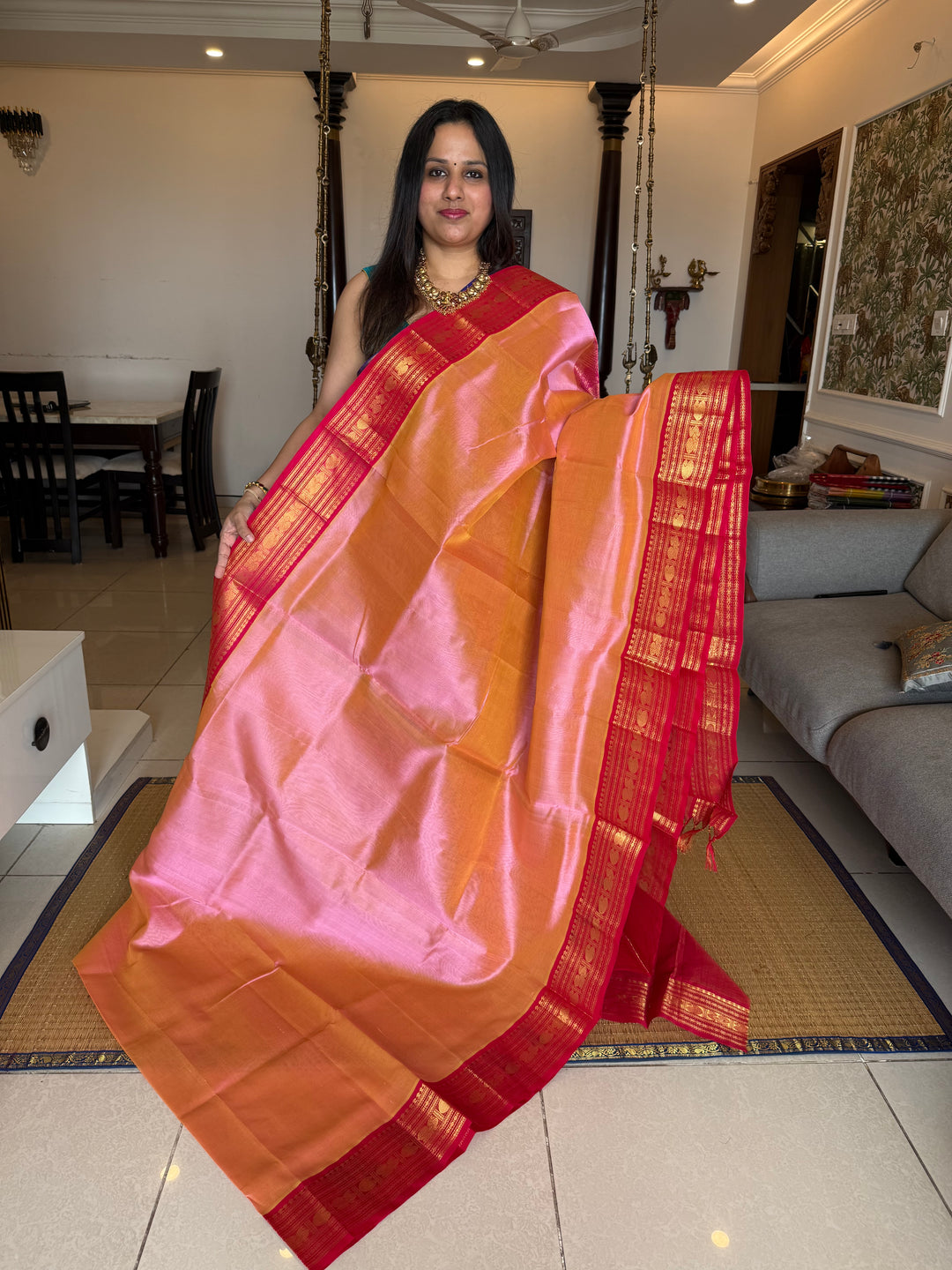 Light Pink with Dark Pink Vairaoosi Zari Lines in the Body traditional borders and rich Pallu Korvai Silk Cotton Saree