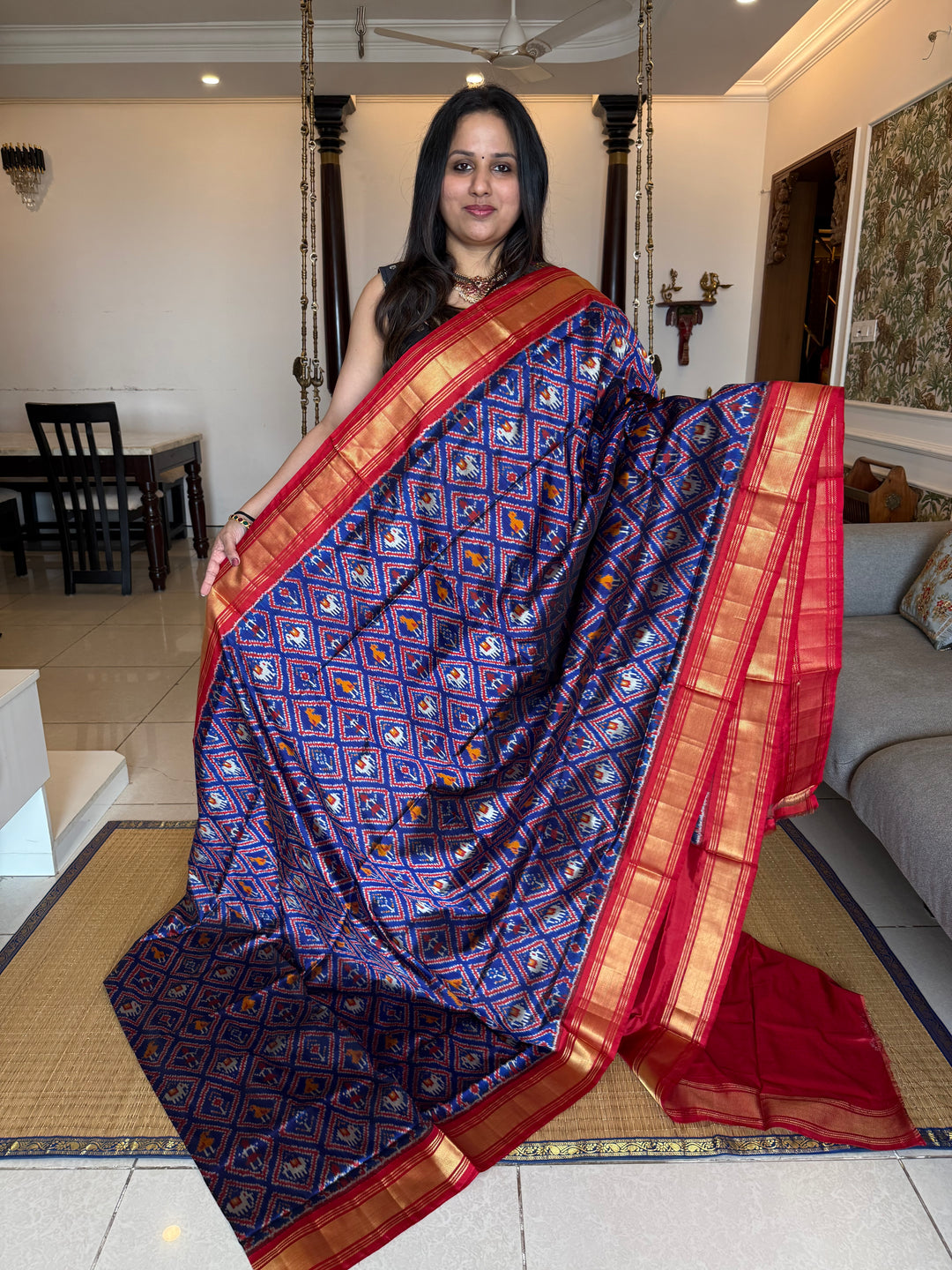 Blue with Red , traditional borders and rich Pallu Pochampally Ikkat Silk Saree
