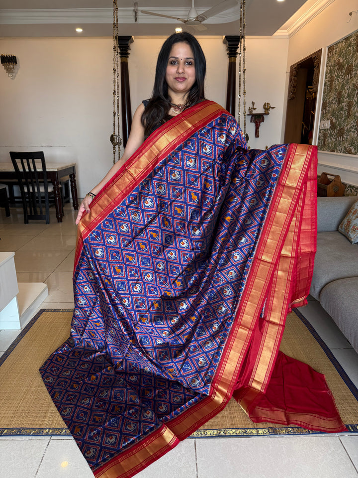 Blue with Red , traditional borders and rich Pallu Pochampally Ikkat Silk Saree