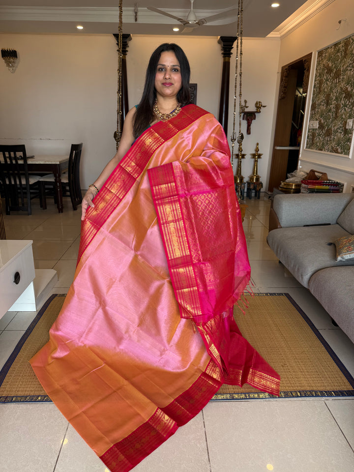 Light Pink with Dark Pink Vairaoosi Zari Lines in the Body traditional borders and rich Pallu Korvai Silk Cotton Saree