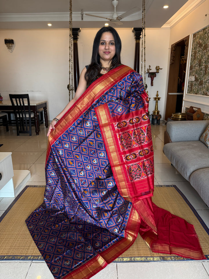 Blue with Red , traditional borders and rich Pallu Pochampally Ikkat Silk Saree
