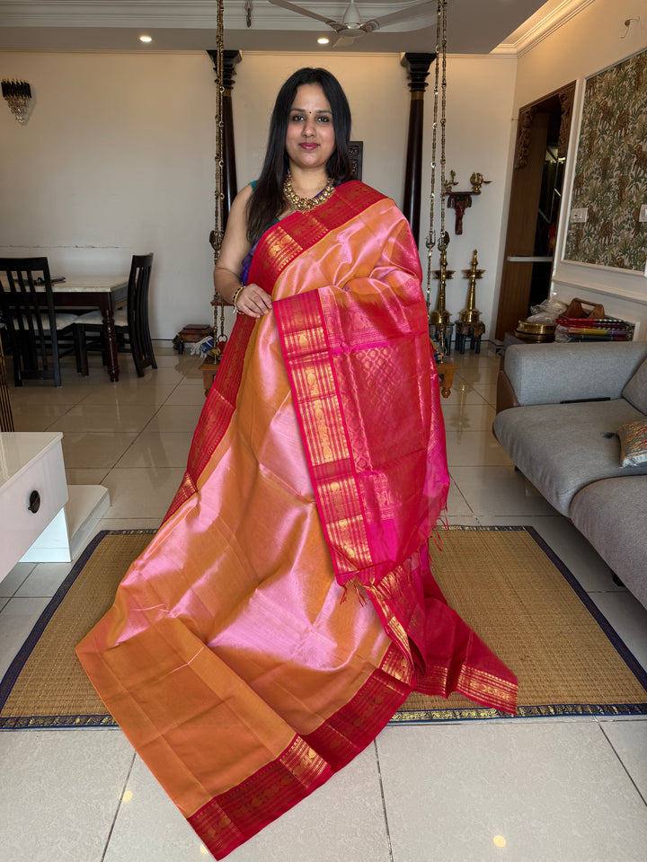 Light Pink with Dark Pink Vairaoosi Zari Lines in the Body traditional borders and rich Pallu Korvai Silk Cotton Saree