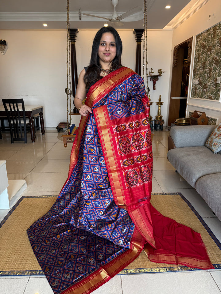 Blue with Red , traditional borders and rich Pallu Pochampally Ikkat Silk Saree
