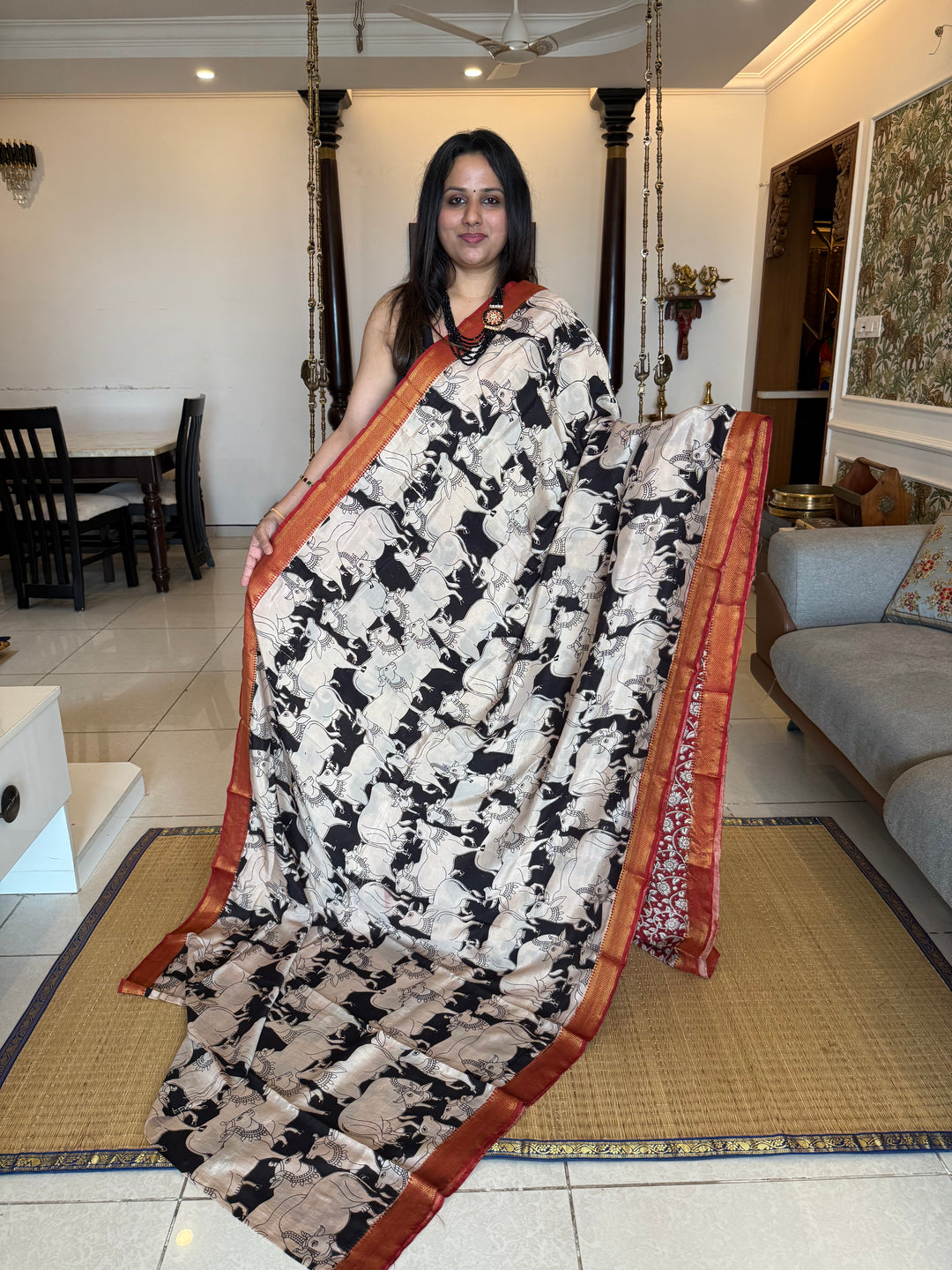 Black with Red , Kalamkari print in the body , Pallu and Blouse Semi Maheswari Silk Saree
